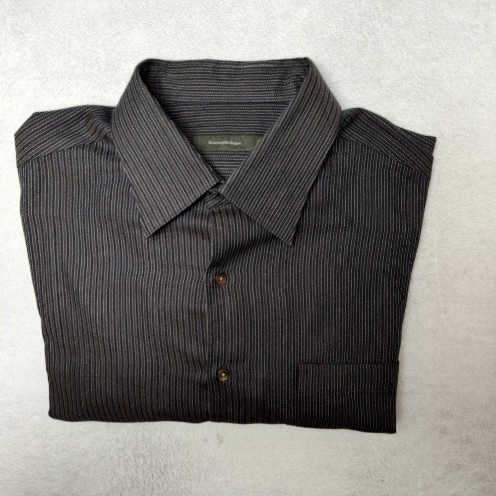 Ermenegildo Zegna Shirt Mens Big 3XB Brown Herringbone Stripe Button-Up Work
